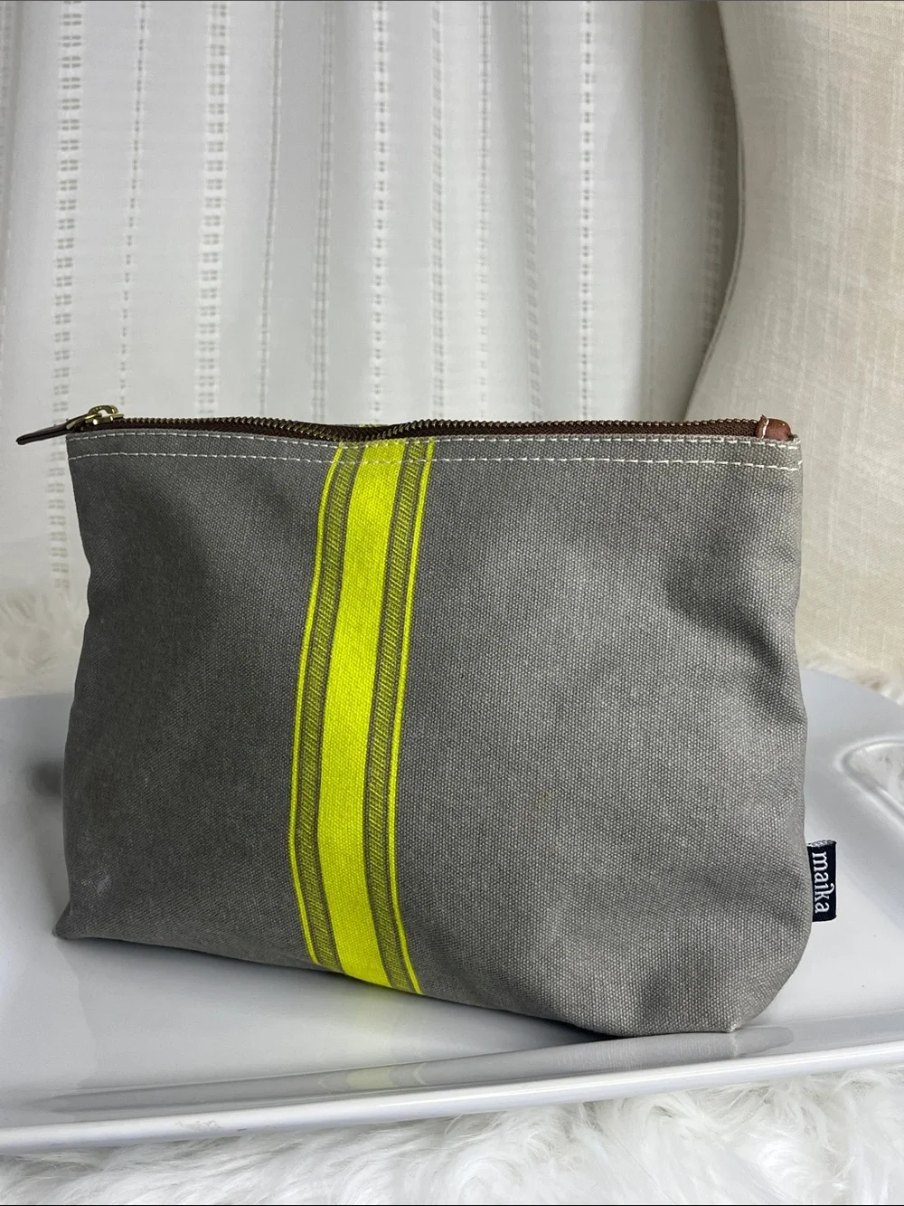 Maika Gray Canvas Pouch with Neon Yellow Center Stripe